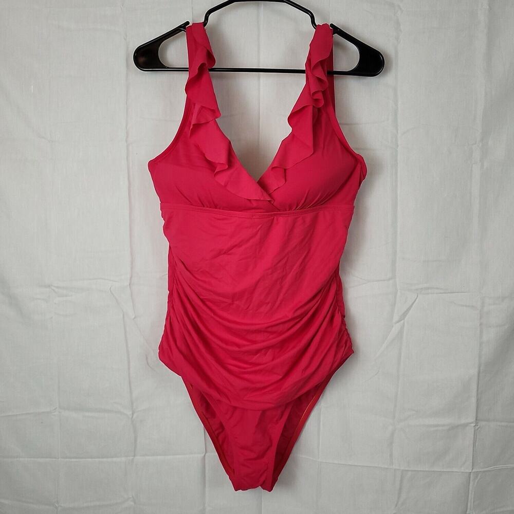Chaps Womens Pink Ruffle‎ Neck One Piece Bodysuit With Underwired Bra Size 18